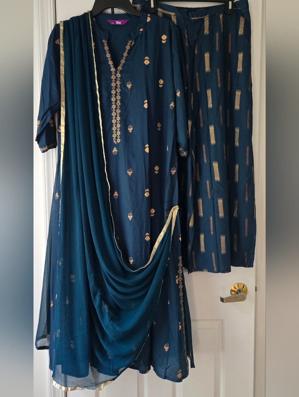 Libas Teal Blue Gold Printed Kurta Palazzo Dupatta Set Ethnic - Picture 7 of 7